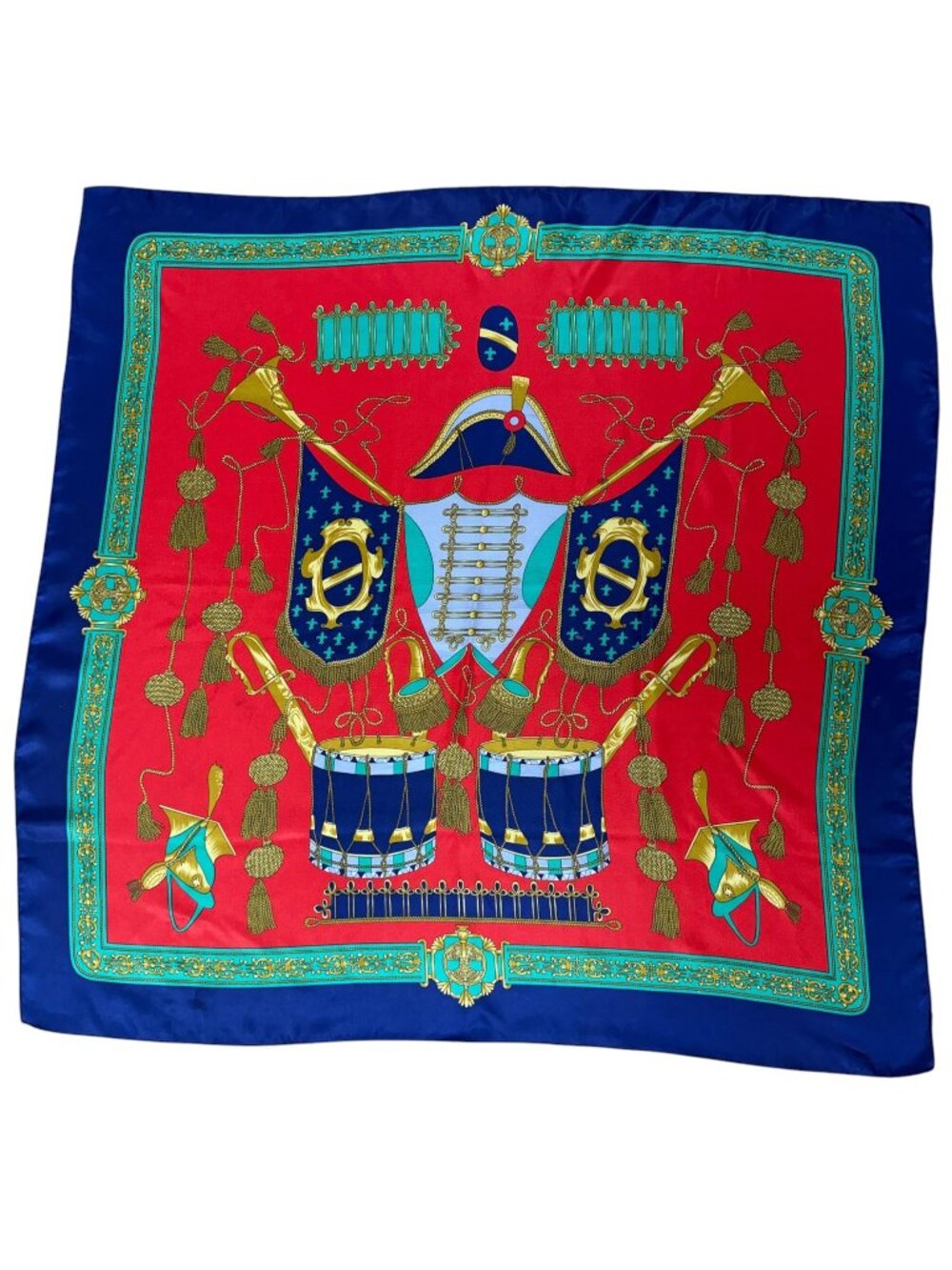Vintage Maison Cofranc French Military Scarf Red Blue with drums 34"x35"